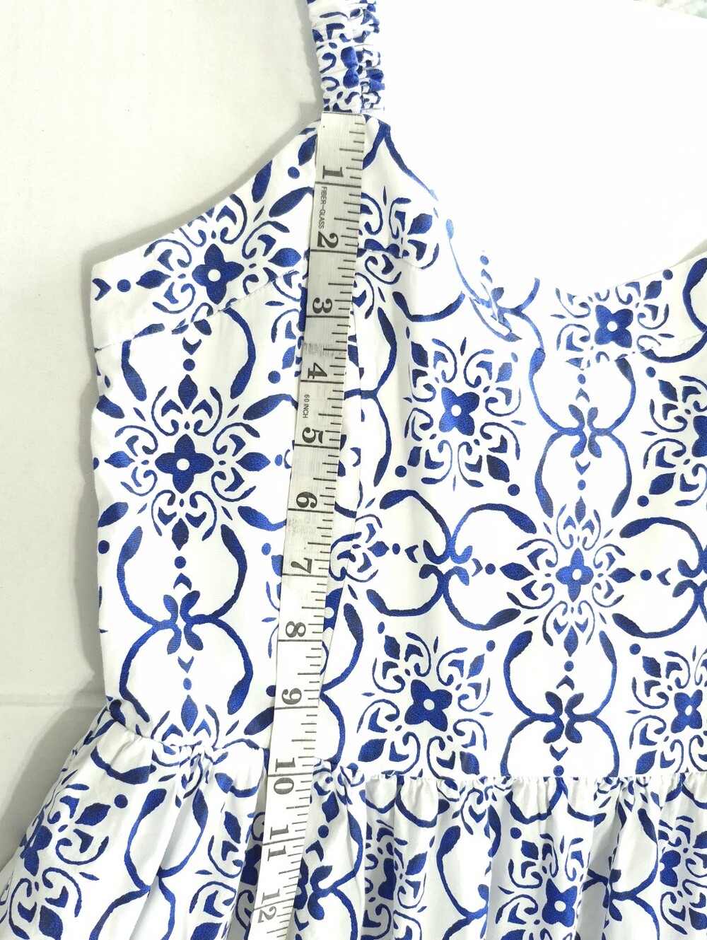 J.CREW Tile Print Midi Sundress Size 10 Blue White Cotton Smocked Tiered Pockets - Picture 12 of 16